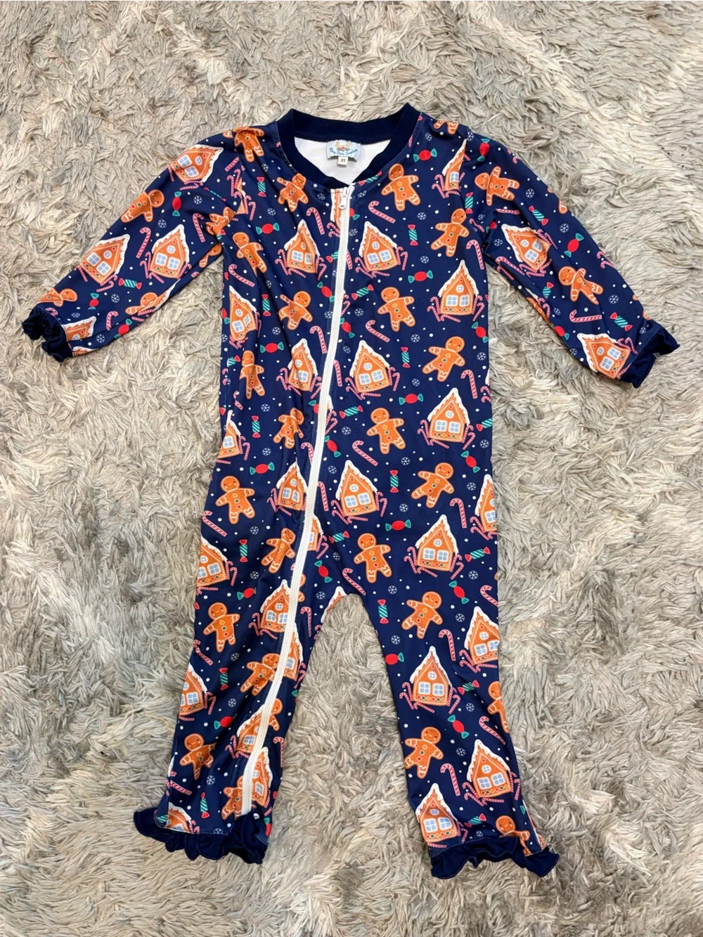 Busy Bee Smocks Toddler Girls Gingerbread House Zip Pajamas / One-Piece